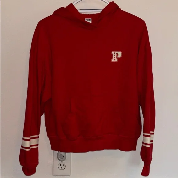 Pink by Victoria Secret Ivy Fleece Campus Hoodie Bright Vermillion, Size XS - Picture 4 of 16